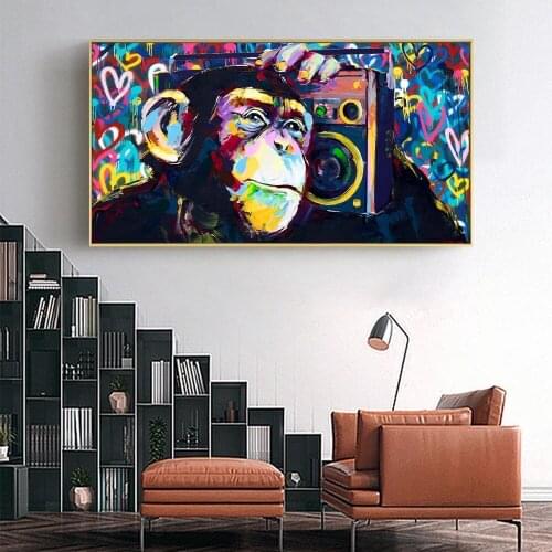 DJ Monkey Large Size Canvas Painting Wall Art Poster Modern Animal Picture Art Wall Monkey Listening to Music for Living Room