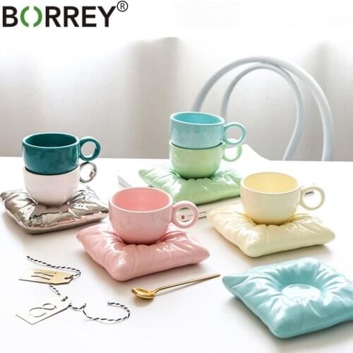 BORREY Ceramic Tea Cups And Saucer Sets Office Coffee Cup With Pillow Coaster 200Ml Coffee Milk Mug British Afternoon Tea Sets