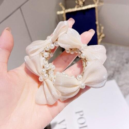 Korean Sweet Hair Ties Fashion Chiffon Yarn Bow Pearl Elastic Hair Bands Headpiece Jewelry Women Girls Wholesale Elastic Bands