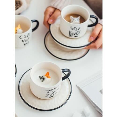 Cute Kitten 3D Coffee Mug Tea Cup For Girl Ceramic Water Cup Simple Art Office Afternoon Tea Milk Coffee Cup Saucer With Spoon