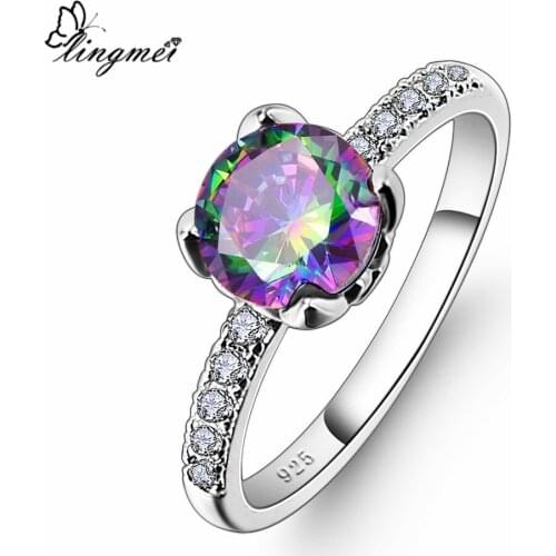 Lingmei New Vogue Simple Round High Quality MultiWhite Cubic Zirconia Silver Color Ring Size 6-9 Women Jewelry