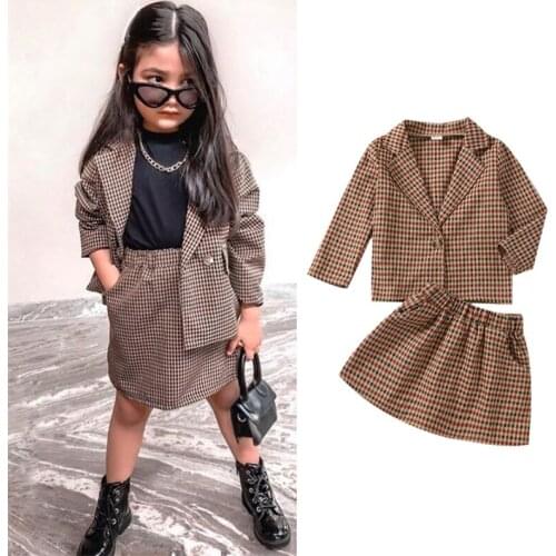 1-6Y Fashion Children Girls Clothing Sets Toddler Kids Girls Plaid Long Sleeve Jacket Tops+Elastic waist Skirt Outfits