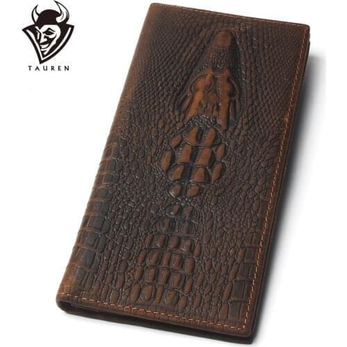 Mens Crocodile Head Pattern Wallet Crazy Horse 100% Genuine Leather Purse Top Grade Soft Long Wallet Branded Coin Purse For Men