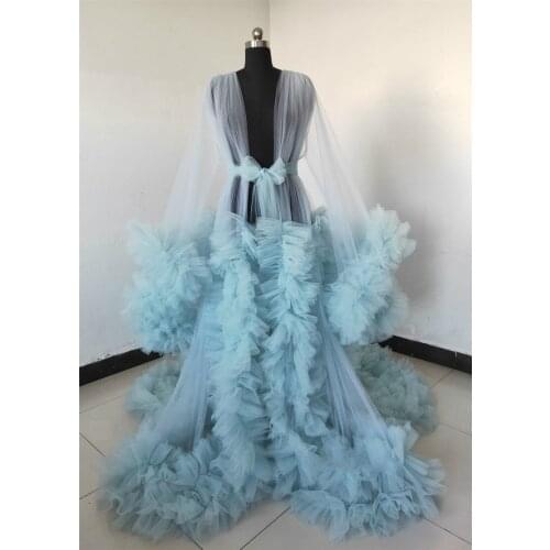 Sky Blue Illusion Ruffles Night Gowns Sexy Women Lingerie Tiered Sleepwear Nightdress Bridal Photo Shooting Bath Robe