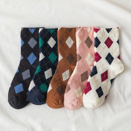 New Product Socks Ins Trend Retro Diamond Lattice Japanese College Wind Pile Pile Socks Jacquard Forest Ladies Mid-tube Socks