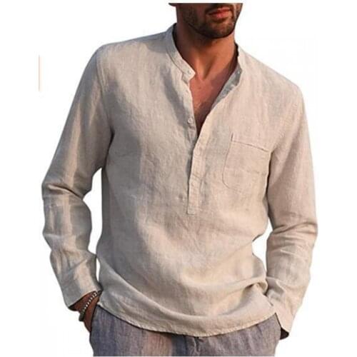 T-Shirt Plus Size S-5Xl New Mens Chinese Style T Shirts Male Autumn Slim Fit Long Sleeve Tops Solid Color Cotton Linen