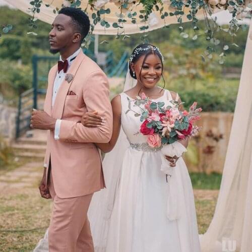 Peach Pink Slim Fit Wedding Tuxedos One Button Two Pieces Shawl Lapel Mens Suits Set Custom Made Jacket Pants