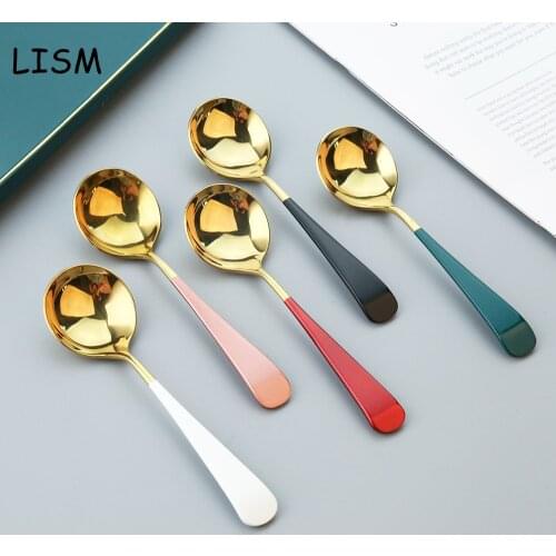 Colorful 304 Stainless Steel Serving Round Shape Soup Spoon Coffee Scoop Ice Cream Dessert Tea Spoon Tableware Kitchen Cake Tool