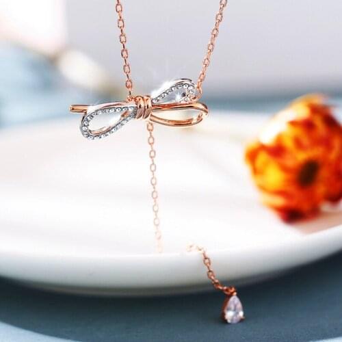 Luxury Female White Crystal Pendant Necklace Charm Sterling Silver Chain Necklaces For Women Charm Hollow Bow Wedding Necklace