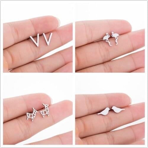 Oly2u Stainless Steel Simple V Shaped Stud Earrings Dainty Flamingo Little Bird Deer Animal Piercing Earings Women Birthday Gift