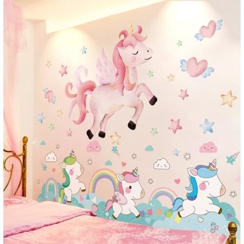 [shijuekongjian] Cartoon Unicorn Rainbow Wall Stickers DIY Animal Mural Decals for Kids Rooms Baby Bedroom House Decoration
