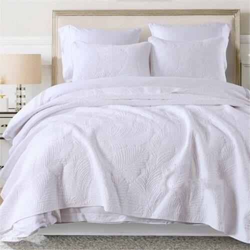 Modern solid color white beige blue pink pure cotton embroidery patchwork quilt full queen king size 3pcs bed cover/bedspread