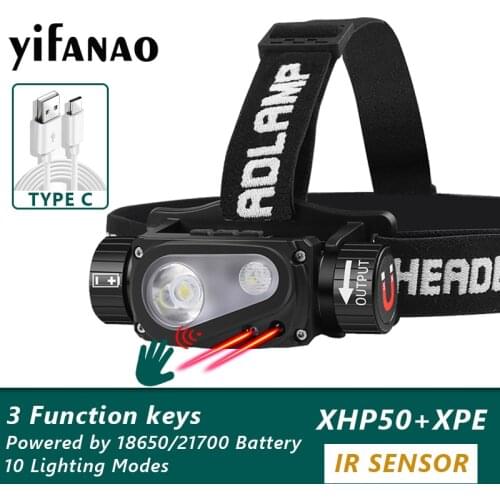 Night Running LED Headlamp XHP50 Sensor Headlight Flashlight 18650 USB Rechargeable Head Lamp Torch 10 Lighting Modes Work Light