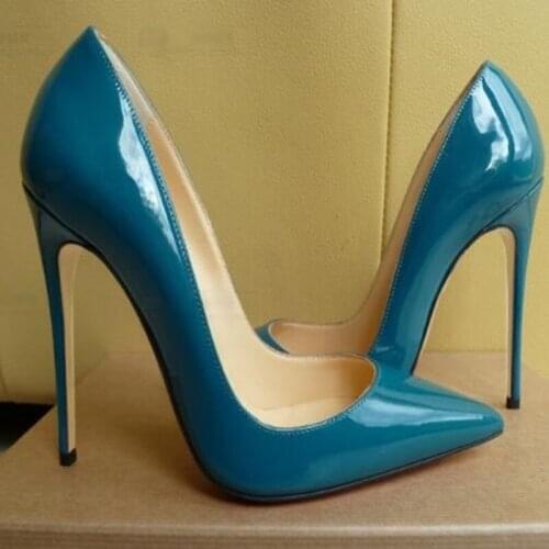 Blue Patent Leather Stiletto Heels 12cm Dress Pumps Pointed Toe Shallow Women Dress Shoes Slip-on Lady Banquet Shoes Size 45