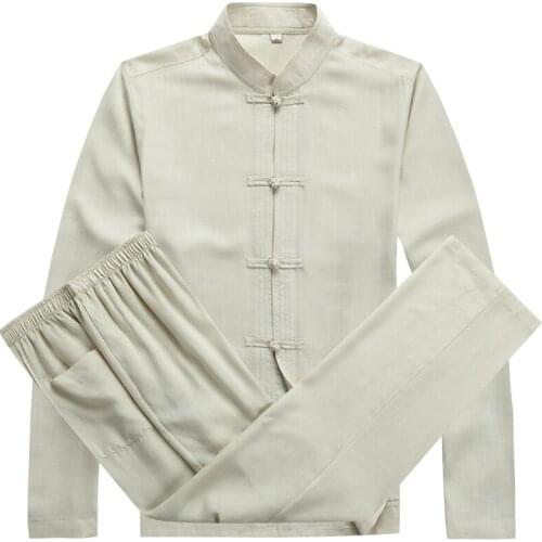 Spring Autumn Male Chinese Traditional Tang Suit Exercises Kungfu Clothes Set Beige Blue Gray Shirt + Pants Clothing Sets