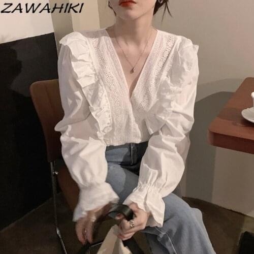 ZAWAHIKI 2021 Spring Korean Vintage Womens Shirt V Neck Lace Ruffles Patchwork Solid Tops Flare Sleeve Long Sleeve Blouse