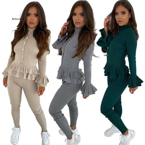 Women Autumn Outfits Chic Long Sleeve Ruffle Buttons Blouse Skinny Pants Set Outfit Suit Sweatpants Outfits