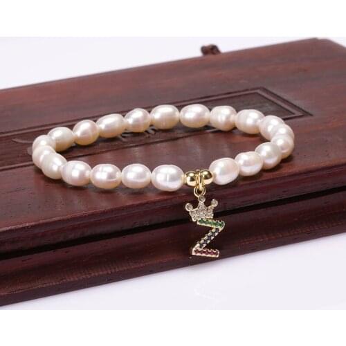 2020 Unisex Couple Letter Bracelet Mixed CZ 26 Initials Pendant Natural Freshwater Pearl Beaded Charms Bangle For Girls Gift