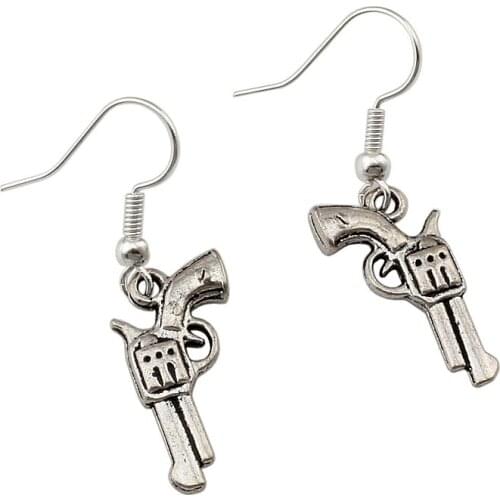 24Pair /Lots Alloy *REVOLVER GUN CHARM* SP Chandelier Earrings GIFT POUCH Fish Ear Hook R-75