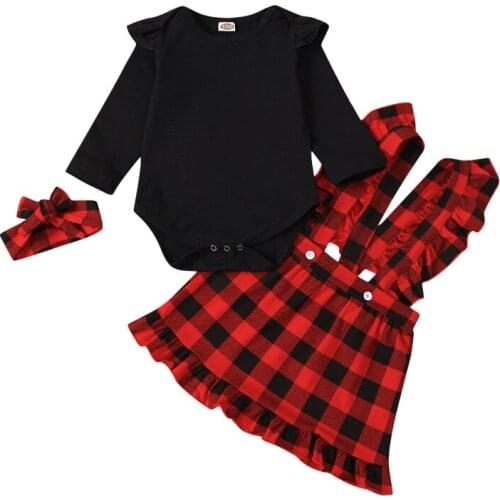 Spring Autumn Newborn Cute Baby Girl Black Flying Sleeve Jumpsuit Plaid Overalls Skirt Instagramable Outfit Set 3 PCS Sets