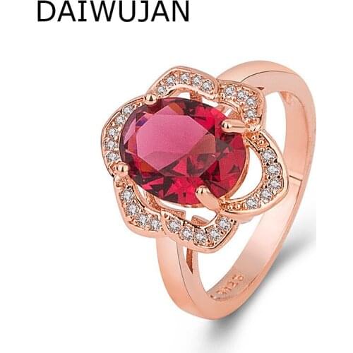 DAIWUJAN Rose Gold Red Crystal Rings For Women 925 Sterling Silver Hollow Zircon Flower Finger Ring Luxury Wedding Party Jewelry