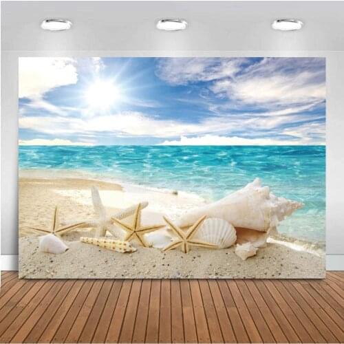 Bright Sunshine Blue Sky White Cloud Sandy Beach Summer Photo Backgrounds Conch Shell Baby Kids Wedding Photography Backdrops