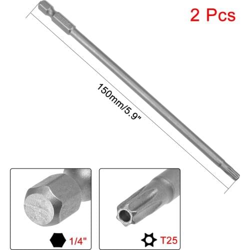Uxcell 2Pcs 1/4" Hex Shank 150mm Length Magnetic Torx Security Head T25 Screwdriver Bits S2 Alloy Steel