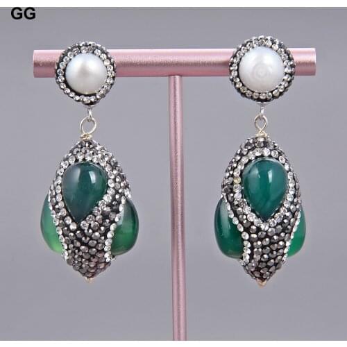 GuaiGuai Jewelry Natural White Pearl Green Agate Earrings CZ Stud Black Macarsite Earrings