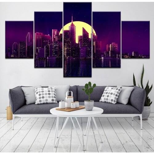 Canvas Painting Home Decor HD Print Framework 5 Pieces New York City Night Sky Pictures Modular Building Scenery Poster Wall Art