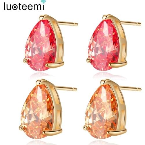 LUOTEEMI Brand Single 8*12mm Pear Cutting Water Drop Shape CZ Stone Gold-Color Earrings for Women Two Colour Options Wholesale