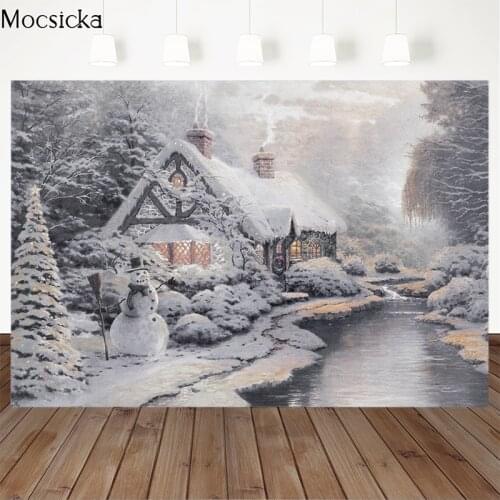 Mocsicka Winter Snow Scene Photography Background Houses Snowman River Backdrop Child Portrait Decoration Props Photo Studio