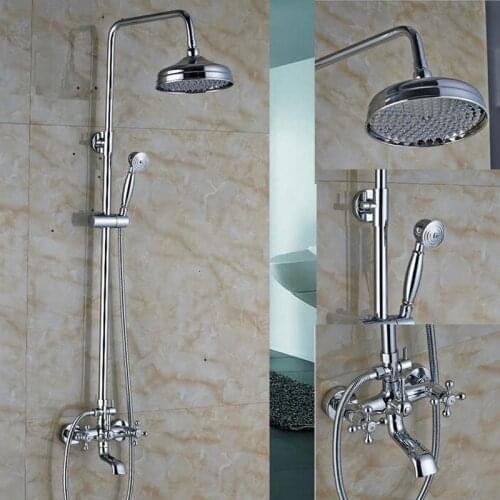 Wall Mounted Bathroom Rainfall Shower Faucet 8" Rain Shower Head Set With Hand Shower Sprayer Tub Mixer Tap Chrome Finish KD126