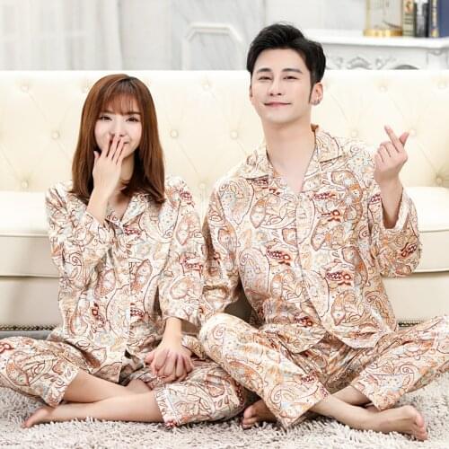 New Matching Pajamas Couples Long Sleeved Sleepwear Set Silk Pajamas for Women Sleep Tops Pants Women Pajamas Set Pijamas Mens