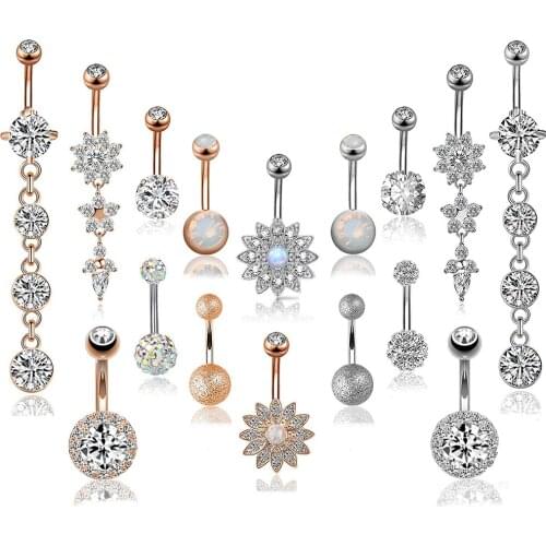Wholesale Belly Button Rings 8 Styles Surgical Steel Navel Piercing Opal Dangled 14g Woman Body Jewelry Barbell Drop