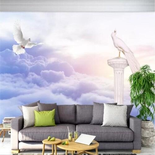 Custom wallpaper 3D cloud Roman column peacock TV background wall decoration - high-grade waterproof material