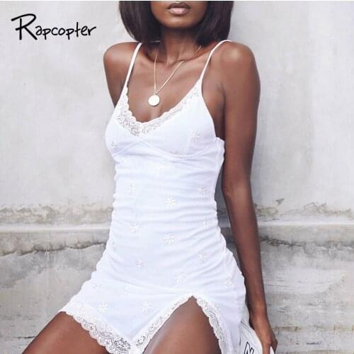 Rapcopter Lace Sexy Women Dresses Floral Backless Sleeveless Side Split Mini Dresses Skinny Party Dress Ladies Sundress Summer