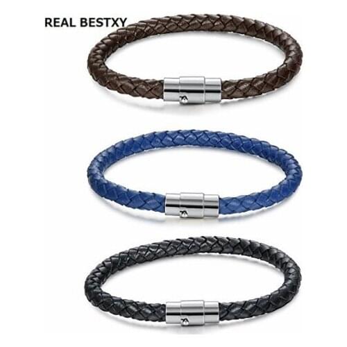 REAL BESTXY Fashion Braided Leather Bracelets Stainless Steel Clasp Bracelets Bangles Black/Brown Rope Chain Punk Wristband
