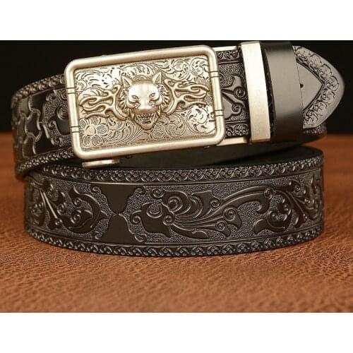 New Style Wolf Head Style Buckle Cowskin Leather Belt for Men Carving Tang Grass Patterns Belts Strap Male Business Waistband