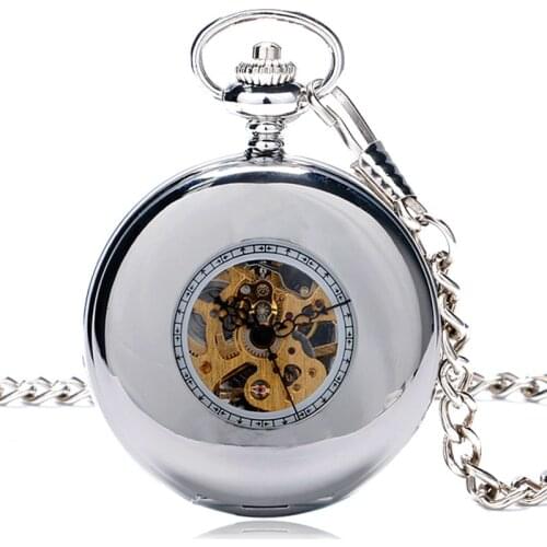 Silver Smooth Half Hunter Case Roman Numerals Display Unisex Handwinding Mechanical Pocket Watch Skeleton Pendant Chain Clock