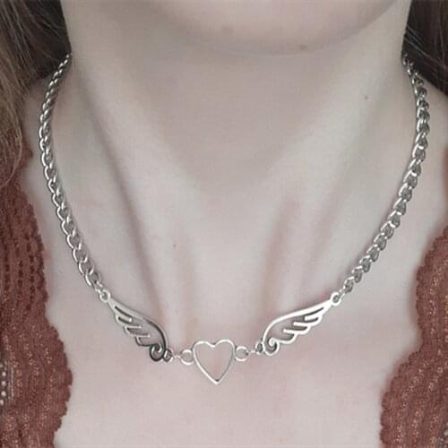 Punk Hollow Out Heart Feather Metal Choker Necklace For Women Girl Hip Hop Harajuku Angel Pendant Necklace Trendy Jewelry New