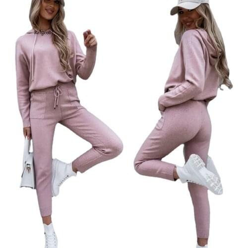 Spring and Autumn New Womens Fashion Casual Sweater Hooded Two-Piece Set