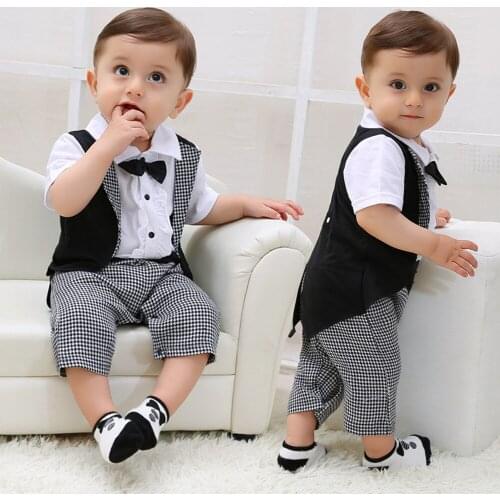 #VW Gentleman Bowtie Plaid Sets Boys Swallowtail Romper Jumpsuit Sets Summer Toddler Baby Formal Outfits одежда для мальчиков