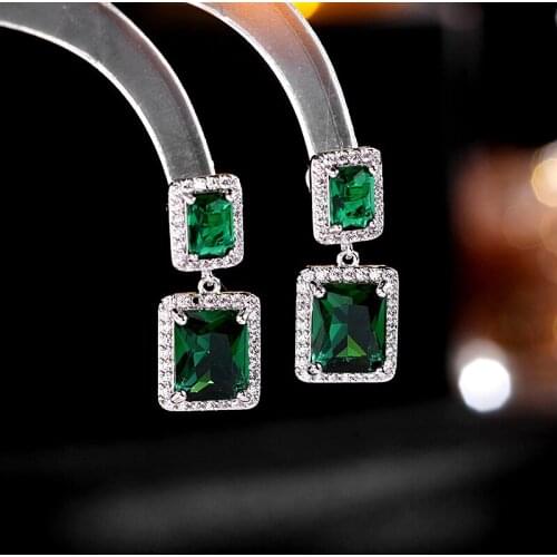 Green Crystal Cube Earrings for Women Korean Fashion Creative Cubic Zirconia Dangle Luxury Jewelry Brand Stud Earings
