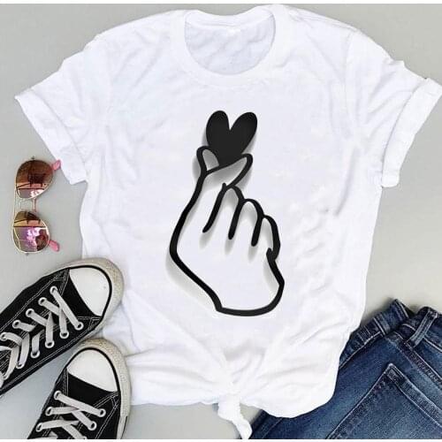 Women Clothing Cartoon Love Sweet Hand Cute Fashion Print Graphic Summer Short Sleeve Female Clothes Tops Tees Tshirt T-Shirt