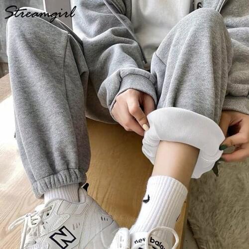 Women Winter Warm Fleece Pants Velvet Thick Trousers Autumn 2021 Casual Black Wide High Waist Pants Women Thick Warm Pantalon