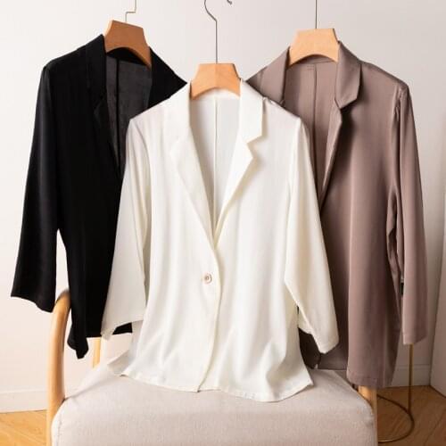 Womens 95% Mulberry Silk 5% Spandex Black White One Button Blazer Jacket office work M L XL JN647