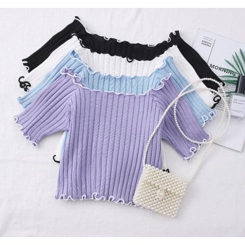 HELIAR Women Summer Ruffles Hem Tees Short Sleeve Knit Crop Top Flounce Flexible T-shirts Female Solid Tops Summer