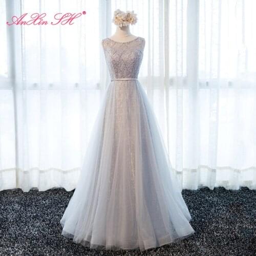 AXJFU princess grey flower lace Bridesmaid Dress party fashion o neck beading pearls sleeveless a line pink Bridesmaid Dress