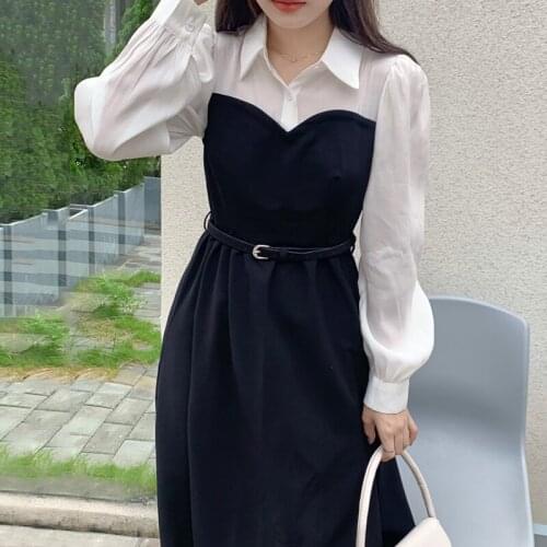 Woman Dress 2021 New Korean Fashion Elegant Commute Lapel Hit Color Stitching High Waist Puff Sleeve Long Dresses with Belt