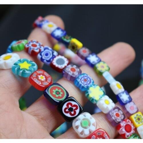6 8 10mm Lampwork Glass Beads Flower loose beads Square Shape Flat beads Mix colors for jewelry making